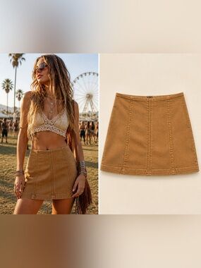 Free People Mini Skirt Tan Canvas Size 6 Y2K Indie Sleeze Boho Festival Vibe